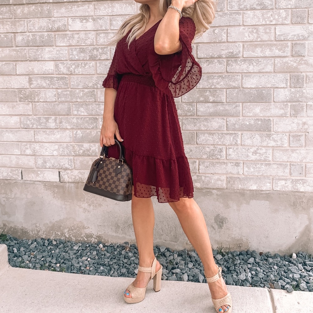 Womens Casual Summer Wrap Dress Short Bell Sleeve v Neck Swiss Dot maroon Dress